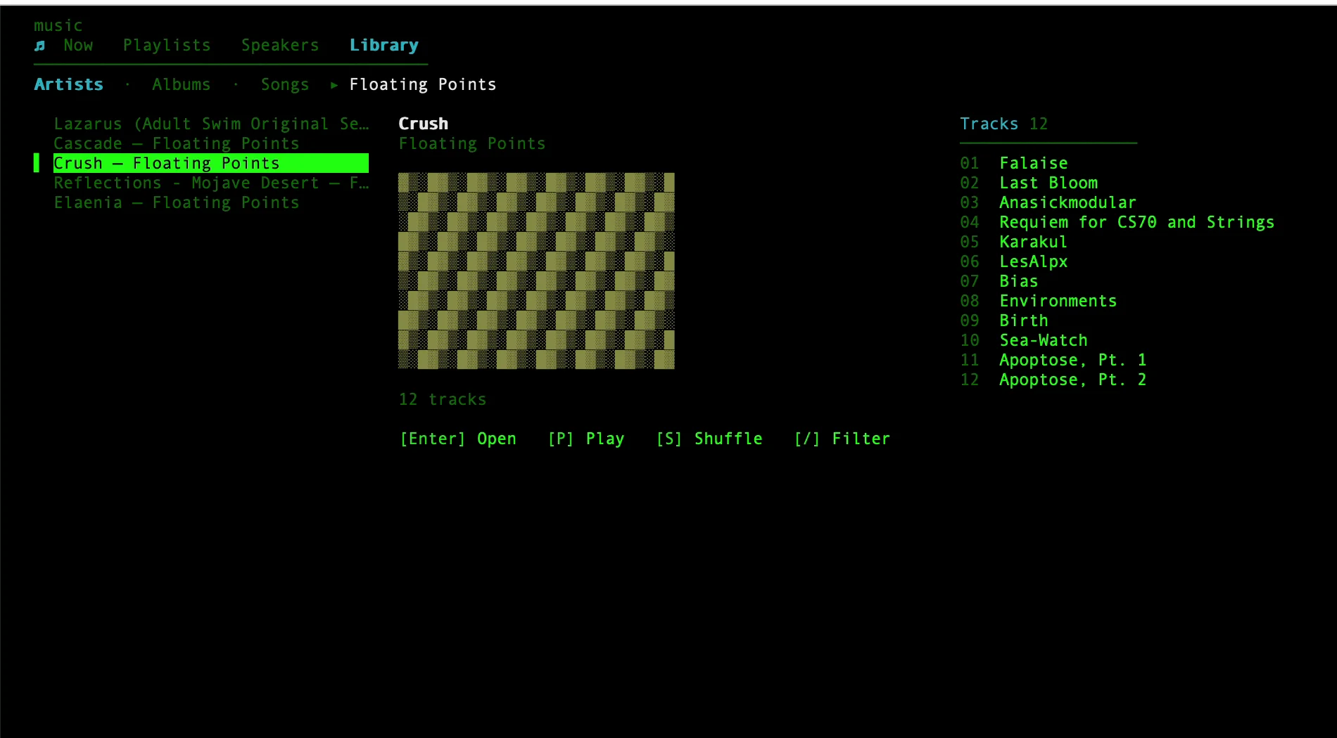Library tab: artist drill-down with album art and track list