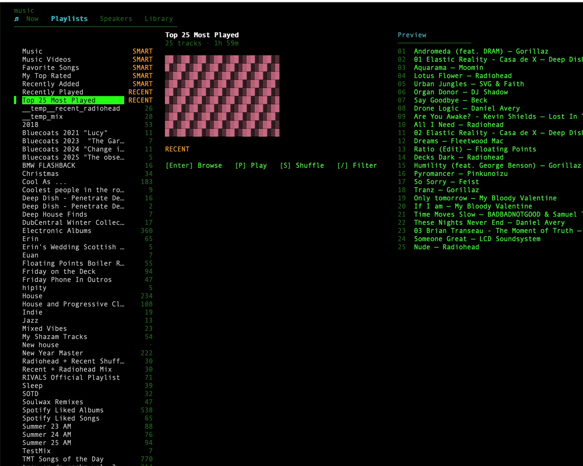 Playlists tab: playlist browser with live preview
